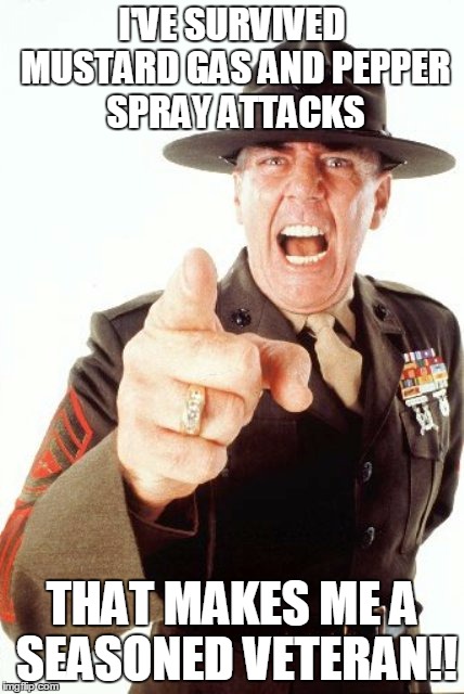 But has he assaulted the enemy? | I'VE SURVIVED MUSTARD GAS AND PEPPER SPRAY ATTACKS; THAT MAKES ME A SEASONED VETERAN!! | image tagged in r lee ermey,drill sergeant,shouting | made w/ Imgflip meme maker