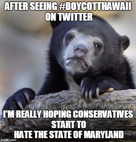 Confession Bear Meme | AFTER SEEING #BOYCOTTHAWAII ON TWITTER; I'M REALLY HOPING CONSERVATIVES START TO HATE THE STATE OF MARYLAND | image tagged in memes,confession bear | made w/ Imgflip meme maker