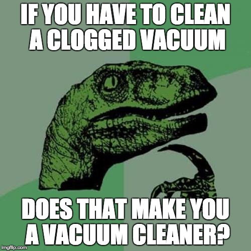 Philosoraptor | IF YOU HAVE TO CLEAN A CLOGGED VACUUM; DOES THAT MAKE YOU A VACUUM CLEANER? | image tagged in memes,philosoraptor | made w/ Imgflip meme maker