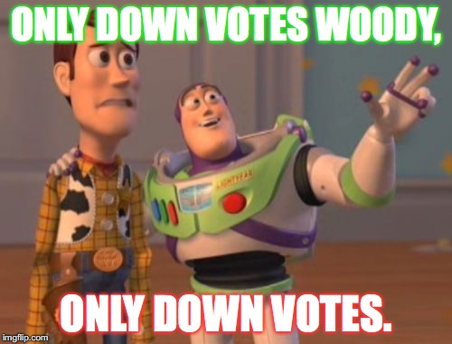 X, X Everywhere Meme | ONLY DOWN VOTES WOODY, ONLY DOWN VOTES. | image tagged in memes,x x everywhere | made w/ Imgflip meme maker