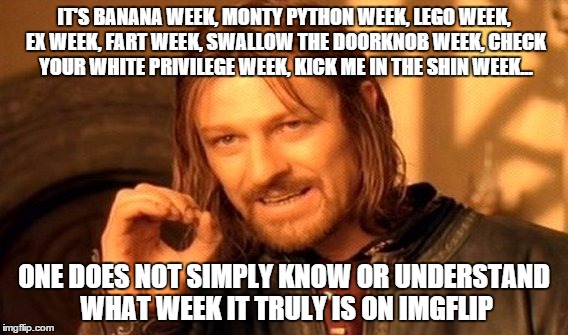 One Does Not Simply | IT'S BANANA WEEK, MONTY PYTHON WEEK, LEGO WEEK, EX WEEK, FART WEEK, SWALLOW THE DOORKNOB WEEK, CHECK YOUR WHITE PRIVILEGE WEEK, KICK ME IN THE SHIN WEEK... ONE DOES NOT SIMPLY KNOW OR UNDERSTAND WHAT WEEK IT TRULY IS ON IMGFLIP | image tagged in memes,one does not simply | made w/ Imgflip meme maker