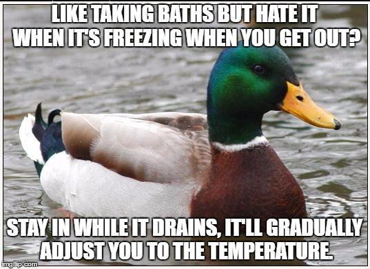 Actual Advice Mallard Meme | LIKE TAKING BATHS BUT HATE IT WHEN IT'S FREEZING WHEN YOU GET OUT? STAY IN WHILE IT DRAINS, IT'LL GRADUALLY ADJUST YOU TO THE TEMPERATURE. | image tagged in memes,actual advice mallard | made w/ Imgflip meme maker