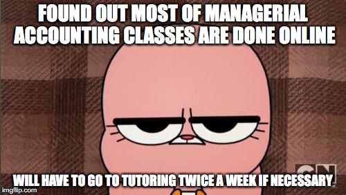 Taking Managerial Accounting Next Semester | FOUND OUT MOST OF MANAGERIAL ACCOUNTING CLASSES ARE DONE ONLINE; WILL HAVE TO GO TO TUTORING TWICE A WEEK IF NECESSARY | image tagged in anais' grumpy face,college,memes | made w/ Imgflip meme maker