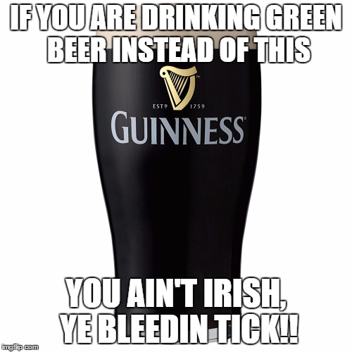 guinness | IF YOU ARE DRINKING GREEN BEER INSTEAD OF THIS; YOU AIN'T IRISH, YE BLEEDIN TICK!! | image tagged in guinness | made w/ Imgflip meme maker