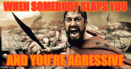 When somebody slaps you (In the face,for example...) | WHEN SOMEBODY SLAPS YOU; AND YOU'RE AGRESSIVE | image tagged in memes,sparta leonidas | made w/ Imgflip meme maker