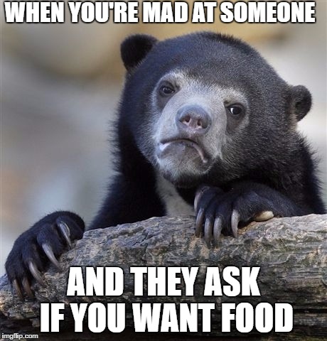 Confession Bear | WHEN YOU'RE MAD AT SOMEONE; AND THEY ASK IF YOU WANT FOOD | image tagged in memes,confession bear | made w/ Imgflip meme maker