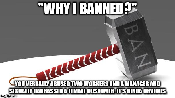 Da Banhammer | "WHY I BANNED?"; YOU VERBALLY ABUSED TWO WORKERS AND A MANAGER AND SEXUALLY HARRASSED A FEMALE CUSTOMER. IT'S KINDA OBVIOUS. | image tagged in da banhammer | made w/ Imgflip meme maker