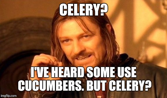 One Does Not Simply Meme | CELERY? I'VE HEARD SOME USE CUCUMBERS. BUT CELERY? | image tagged in memes,one does not simply | made w/ Imgflip meme maker