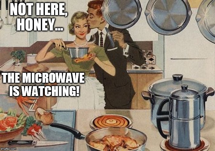 It's always something... | NOT HERE, HONEY... THE MICROWAVE IS WATCHING! | image tagged in microwave camera | made w/ Imgflip meme maker