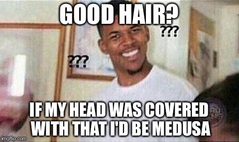 GOOD HAIR? IF MY HEAD WAS COVERED WITH THAT I'D BE MEDUSA | made w/ Imgflip meme maker
