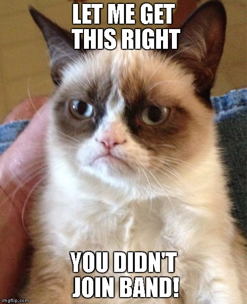 Grumpy Cat Meme | LET ME GET THIS RIGHT; YOU DIDN'T JOIN BAND! | image tagged in memes,grumpy cat | made w/ Imgflip meme maker