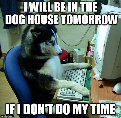I Have No Idea What I Am Doing Meme | I WILL BE IN THE DOG HOUSE TOMORROW; IF I DON'T DO MY TIME | image tagged in memes,i have no idea what i am doing | made w/ Imgflip meme maker