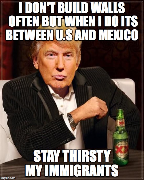 Trump Most Interesting Man In The World | I DON'T BUILD WALLS OFTEN BUT WHEN I DO ITS BETWEEN U.S AND MEXICO; STAY THIRSTY MY IMMIGRANTS | image tagged in trump most interesting man in the world | made w/ Imgflip meme maker