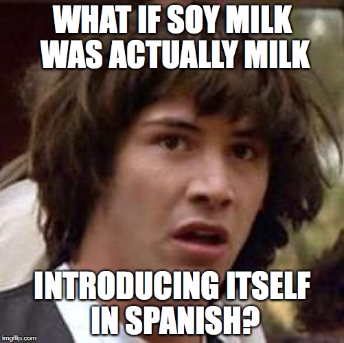 Conspiracy Keanu | WHAT IF SOY MILK WAS ACTUALLY MILK; INTRODUCING ITSELF IN SPANISH? | image tagged in memes,conspiracy keanu | made w/ Imgflip meme maker