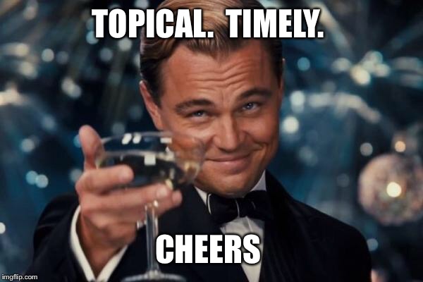 Leonardo Dicaprio Cheers Meme | TOPICAL.  TIMELY. CHEERS | image tagged in memes,leonardo dicaprio cheers | made w/ Imgflip meme maker