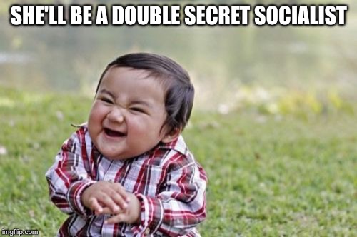 Evil Toddler Meme | SHE'LL BE A DOUBLE SECRET SOCIALIST | image tagged in memes,evil toddler | made w/ Imgflip meme maker