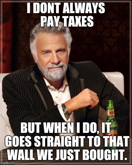 The Most Interesting Man In The World |  I DONT ALWAYS PAY TAXES; BUT WHEN I DO, IT GOES STRAIGHT TO THAT WALL WE JUST BOUGHT. | image tagged in memes,the most interesting man in the world | made w/ Imgflip meme maker