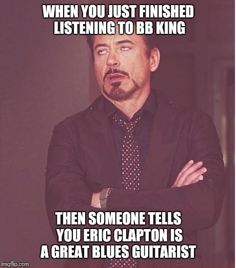 That face you make  | WHEN YOU JUST FINISHED LISTENING TO BB KING; THEN SOMEONE TELLS YOU ERIC CLAPTON IS A GREAT BLUES GUITARIST | image tagged in memes,face you make robert downey jr | made w/ Imgflip meme maker