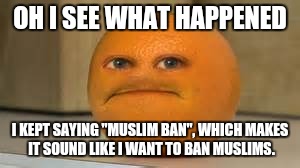 I see what happened |  OH I SEE WHAT HAPPENED; I KEPT SAYING "MUSLIM BAN", WHICH MAKES IT SOUND LIKE I WANT TO BAN MUSLIMS. | image tagged in orange,trump,muslim ban | made w/ Imgflip meme maker