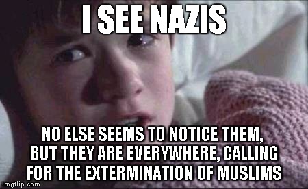 I See Nazis | I SEE NAZIS; NO ELSE SEEMS TO NOTICE THEM, BUT THEY ARE EVERYWHERE, CALLING FOR THE EXTERMINATION OF MUSLIMS | image tagged in memes,i see dead people,i see nazis | made w/ Imgflip meme maker