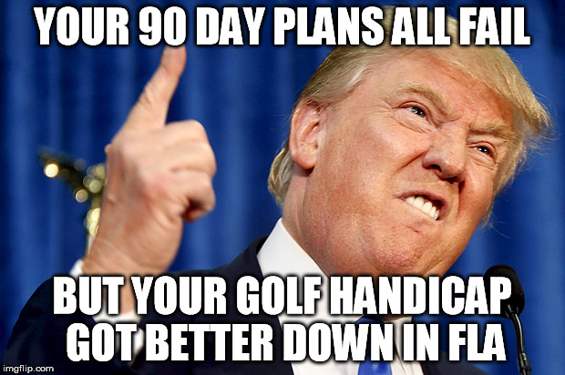 Donald Trump | YOUR 90 DAY PLANS ALL FAIL; BUT YOUR GOLF HANDICAP GOT BETTER DOWN IN FLA | image tagged in donald trump | made w/ Imgflip meme maker