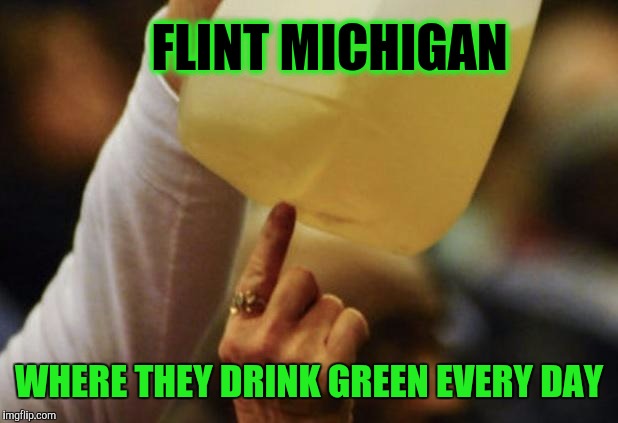 St. Patty's Day in Flint Michigan | FLINT MICHIGAN; WHERE THEY DRINK GREEN EVERY DAY | image tagged in flint water,st patrick's day,oh no you didn't,lol so funny,government corruption,environment | made w/ Imgflip meme maker