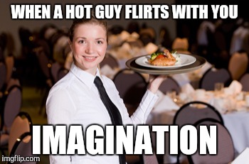 Waitress | WHEN A HOT GUY FLIRTS WITH YOU; IMAGINATION | image tagged in waitress | made w/ Imgflip meme maker