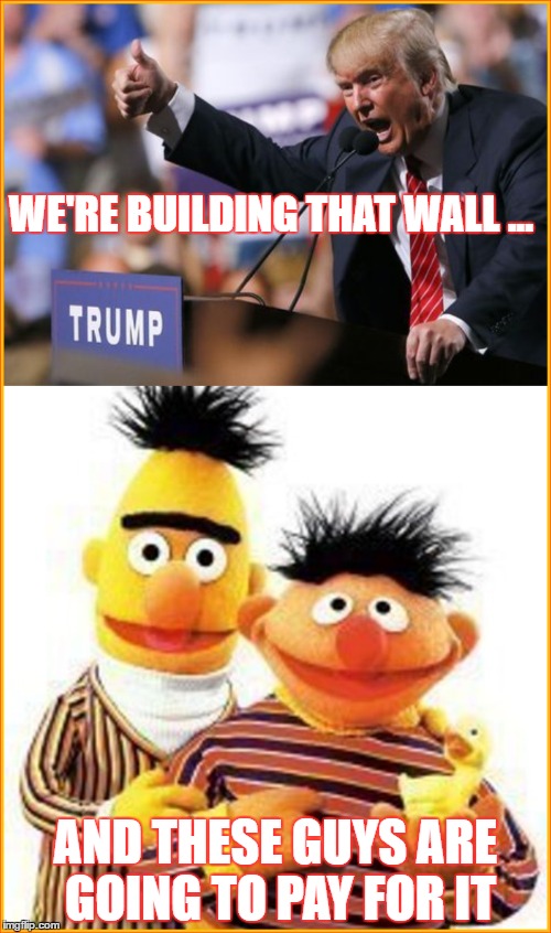 3 Orange Guys to Build Wall Together | WE'RE BUILDING THAT WALL ... AND THESE GUYS ARE GOING TO PAY FOR IT | image tagged in trump,trump wall,build a wall | made w/ Imgflip meme maker