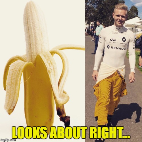 Banana week continues... Or has ended... Or never existed... I don't know anymore... :) | LOOKS ABOUT RIGHT... | image tagged in memes,kevin magnussen,banana week,fruit,sport,formula 1 | made w/ Imgflip meme maker