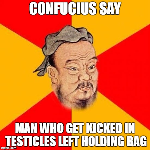 Confucius Says | CONFUCIUS SAY; MAN WHO GET KICKED IN TESTICLES LEFT HOLDING BAG | image tagged in confucius says,kick,testicles | made w/ Imgflip meme maker