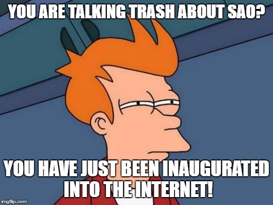 SAO insults: step 1 of joining the Internet | YOU ARE TALKING TRASH ABOUT SAO? YOU HAVE JUST BEEN INAUGURATED INTO THE INTERNET! | image tagged in memes,futurama fry,sword art online,welcome to the internets | made w/ Imgflip meme maker