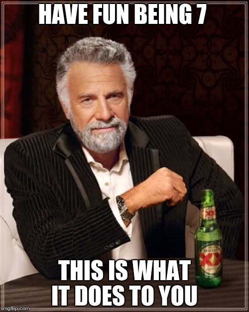 The Most Interesting Man In The World Meme | HAVE FUN BEING 7; THIS IS WHAT IT DOES TO YOU | image tagged in memes,the most interesting man in the world | made w/ Imgflip meme maker