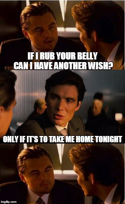 IF I RUB YOUR BELLY CAN I HAVE ANOTHER WISH? ONLY IF IT'S TO TAKE ME HOME TONIGHT | made w/ Imgflip meme maker