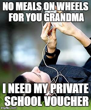 Ipod teenager | NO MEALS ON WHEELS FOR YOU GRANDMA; I NEED MY PRIVATE SCHOOL VOUCHER | image tagged in ipod teenager | made w/ Imgflip meme maker