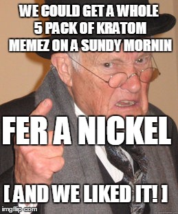 Back In My Day | WE COULD GET A WHOLE 5 PACK OF KRATOM MEMEZ ON A SUNDY MORNIN; FER A NICKEL; [ AND WE LIKED IT! ] | image tagged in memes,back in my day | made w/ Imgflip meme maker