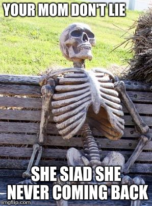 Waiting Skeleton | YOUR MOM DON'T LIE; SHE SIAD SHE NEVER COMING BACK | image tagged in memes,waiting skeleton | made w/ Imgflip meme maker