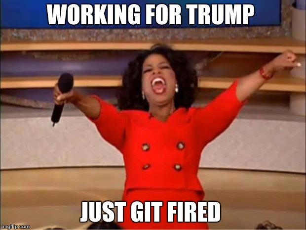 Oprah You Get A Meme | WORKING FOR TRUMP; JUST GIT FIRED | image tagged in memes,oprah you get a | made w/ Imgflip meme maker