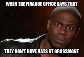 Kevin Hart | WHEN THE FINANCE OFFICE SAYS THAT; THEY DON'T HAVE HATS AT GROSSMONT | image tagged in memes,kevin hart the hell | made w/ Imgflip meme maker