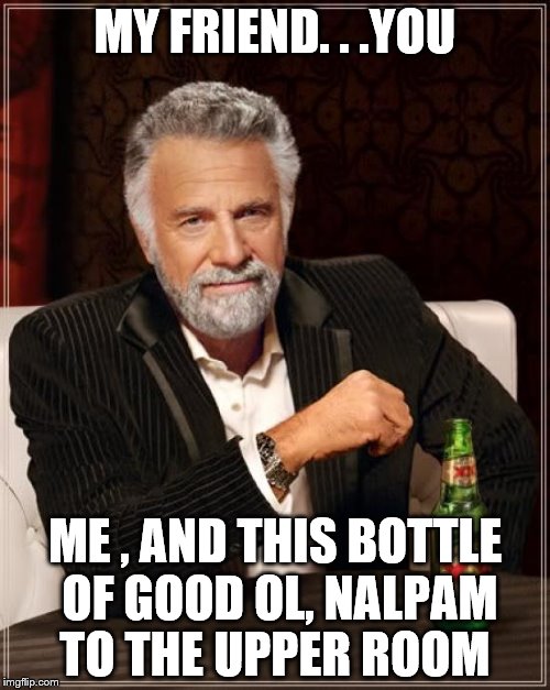 The Most Interesting Man In The World | MY FRIEND. . .YOU; ME , AND THIS BOTTLE OF GOOD OL, NALPAM TO THE UPPER ROOM | image tagged in memes,the most interesting man in the world | made w/ Imgflip meme maker