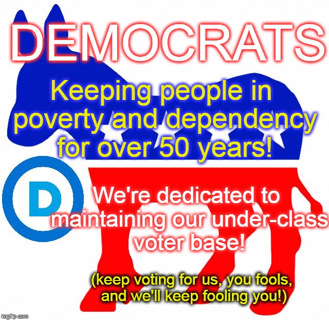 is there a hidden reason the mascot is a donkey or jackass....? | DEMOCRATS; Keeping people in poverty and dependency for over 50 years! We're dedicated to maintaining our under-class voter base! (keep voting for us, you fools, and we'll keep fooling you!) | image tagged in democrats | made w/ Imgflip meme maker
