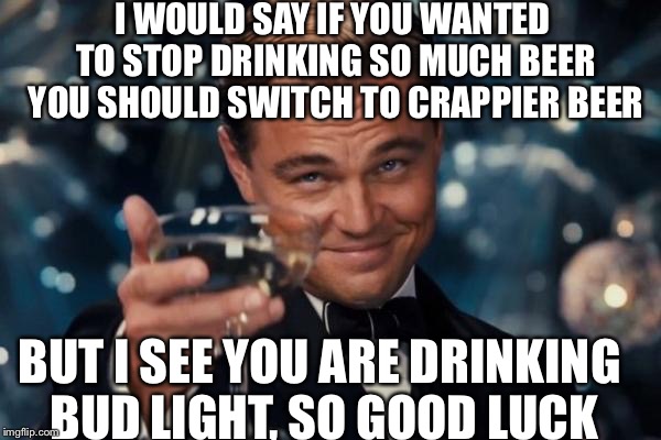 Leonardo Dicaprio Cheers Meme | I WOULD SAY IF YOU WANTED TO STOP DRINKING SO MUCH BEER YOU SHOULD SWITCH TO CRAPPIER BEER; BUT I SEE YOU ARE DRINKING BUD LIGHT, SO GOOD LUCK | image tagged in memes,leonardo dicaprio cheers | made w/ Imgflip meme maker