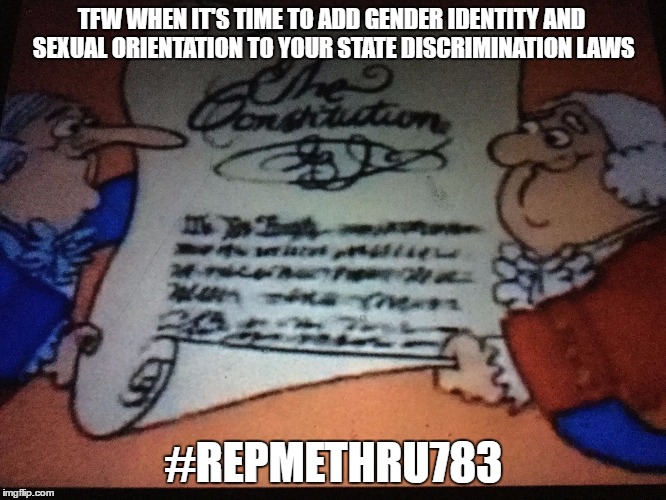 The constitution | TFW WHEN IT'S TIME TO ADD GENDER IDENTITY AND SEXUAL ORIENTATION TO YOUR STATE DISCRIMINATION LAWS; #REPMETHRU783 | image tagged in the constitution | made w/ Imgflip meme maker