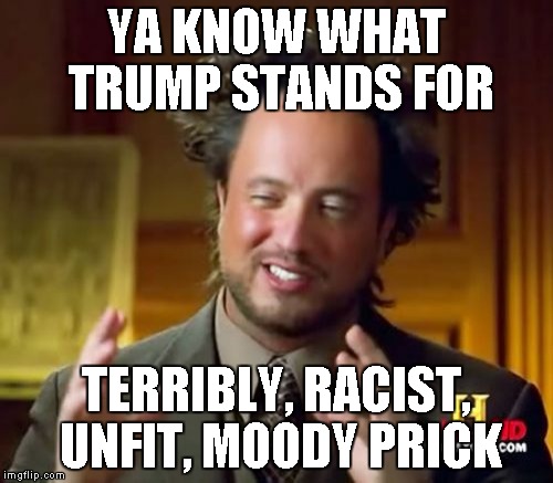 Ancient Aliens Meme | YA KNOW WHAT TRUMP STANDS FOR TERRIBLY, RACIST, UNFIT, MOODY PRICK | image tagged in memes,ancient aliens | made w/ Imgflip meme maker