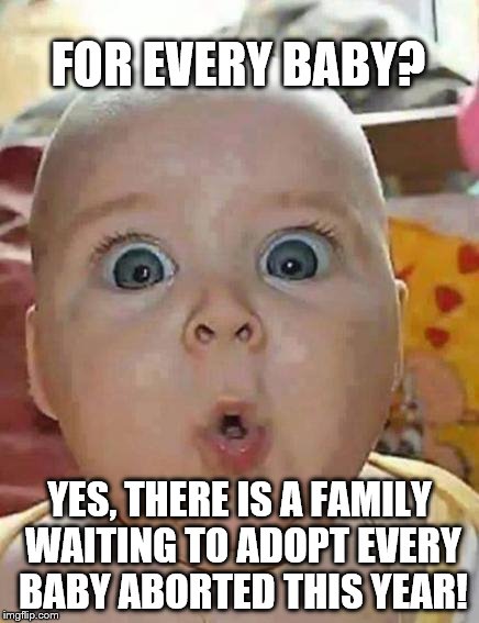 Super-surprised baby | FOR EVERY BABY? YES, THERE IS A FAMILY WAITING TO ADOPT EVERY BABY ABORTED THIS YEAR! | image tagged in super-surprised baby | made w/ Imgflip meme maker