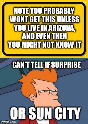 NOTE YOU PROBABLY WONT GET THIS UNLESS YOU LIVE IN ARIZONA, AND EVEN THEN YOU MIGHT NOT KNOW IT; CAN'T TELL IF SURPRISE; OR SUN CITY | image tagged in arizona,futurama fry,surprise,sun city,phoenix | made w/ Imgflip meme maker
