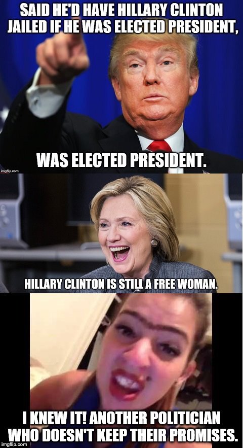 Can't trust politicians. | I KNEW IT! ANOTHER POLITICIAN WHO DOESN'T KEEP THEIR PROMISES. | image tagged in donald trump,hillary clinton,can't trust | made w/ Imgflip meme maker