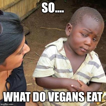 Third World Skeptical Kid Meme | SO.... WHAT DO VEGANS EAT | image tagged in memes,third world skeptical kid | made w/ Imgflip meme maker