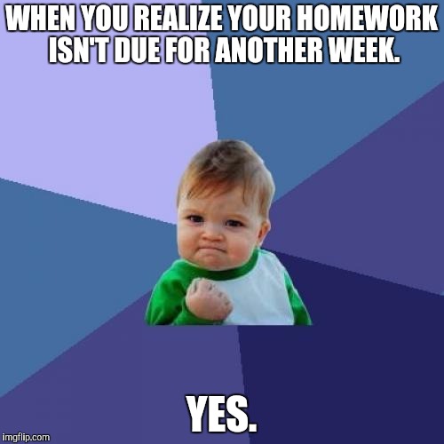 Success Kid Meme | WHEN YOU REALIZE YOUR HOMEWORK ISN'T DUE FOR ANOTHER WEEK. YES. | image tagged in memes,success kid | made w/ Imgflip meme maker