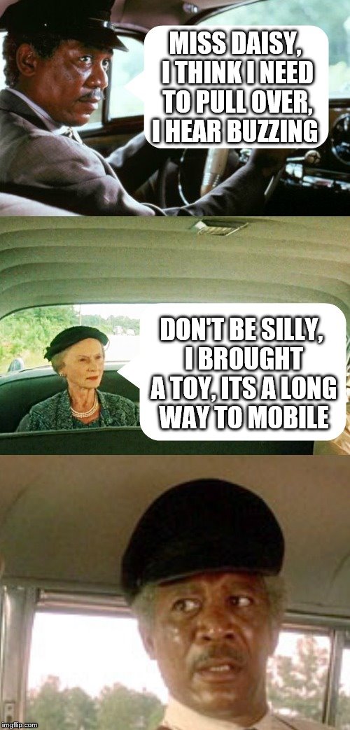 Why didn't I let The Rock have this job. | MISS DAISY, I THINK I NEED TO PULL OVER, I HEAR BUZZING; DON'T BE SILLY, I BROUGHT A TOY, ITS A LONG WAY TO MOBILE | image tagged in memes,drivining miss daisy,morgan freeman driving | made w/ Imgflip meme maker