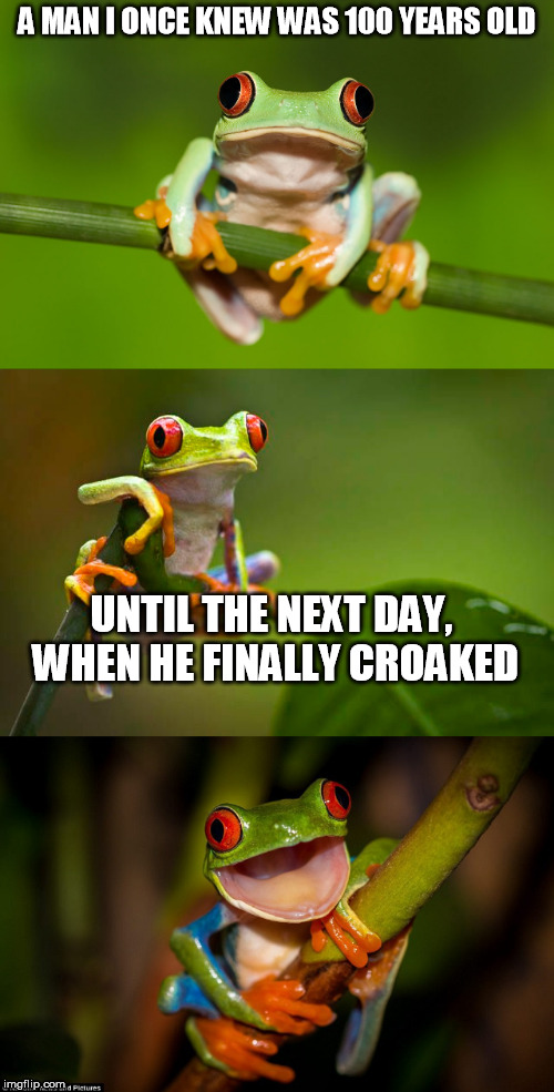 Frog Puns | A MAN I ONCE KNEW WAS 100 YEARS OLD; UNTIL THE NEXT DAY, WHEN HE FINALLY CROAKED | image tagged in frog puns | made w/ Imgflip meme maker